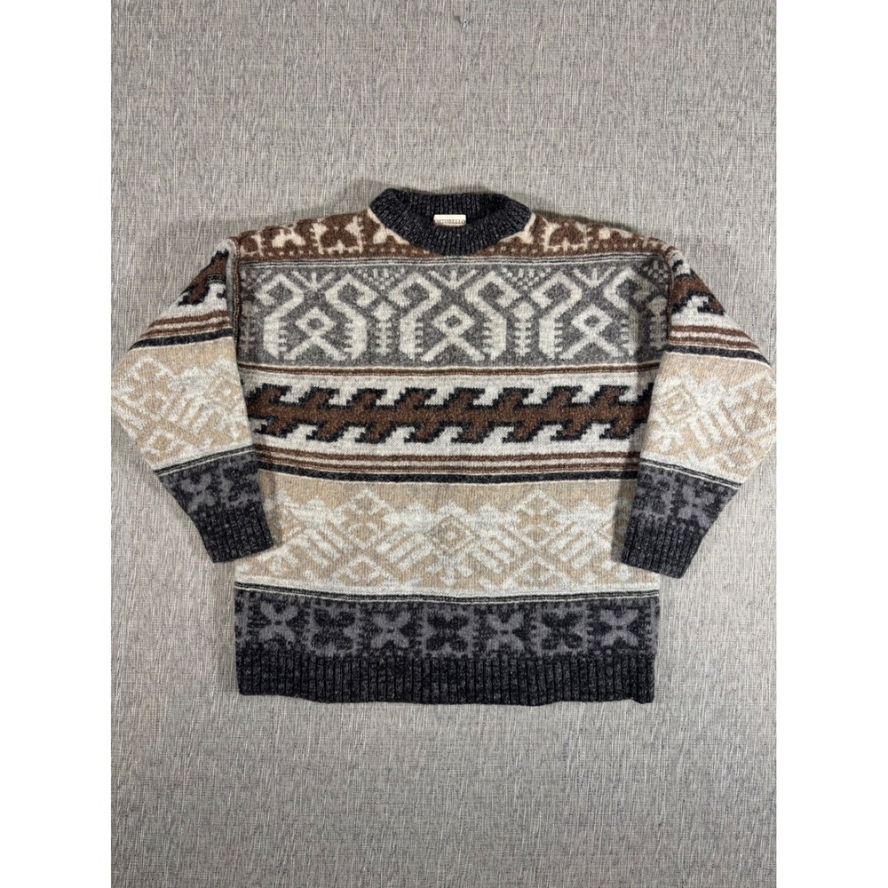 Portobello Italy Wool Blend Fair Isle Geometric Knit Sweater Mens 56 XL Grey